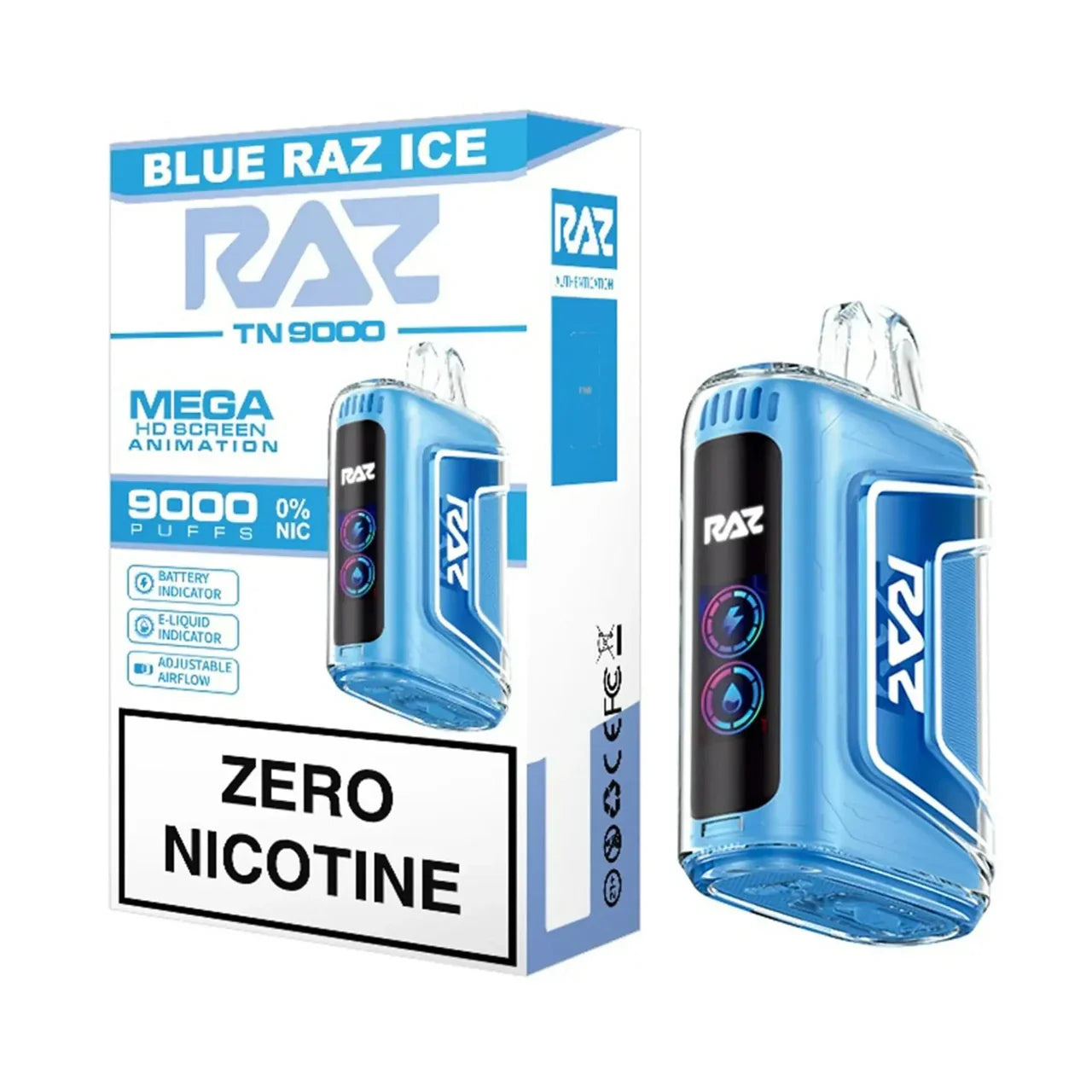 Zero nicotine vape devices like RAZ TN9000, Geek Bar Pulse, and Foodgod Zero with 0% nicotine, displayed in a modern setting.