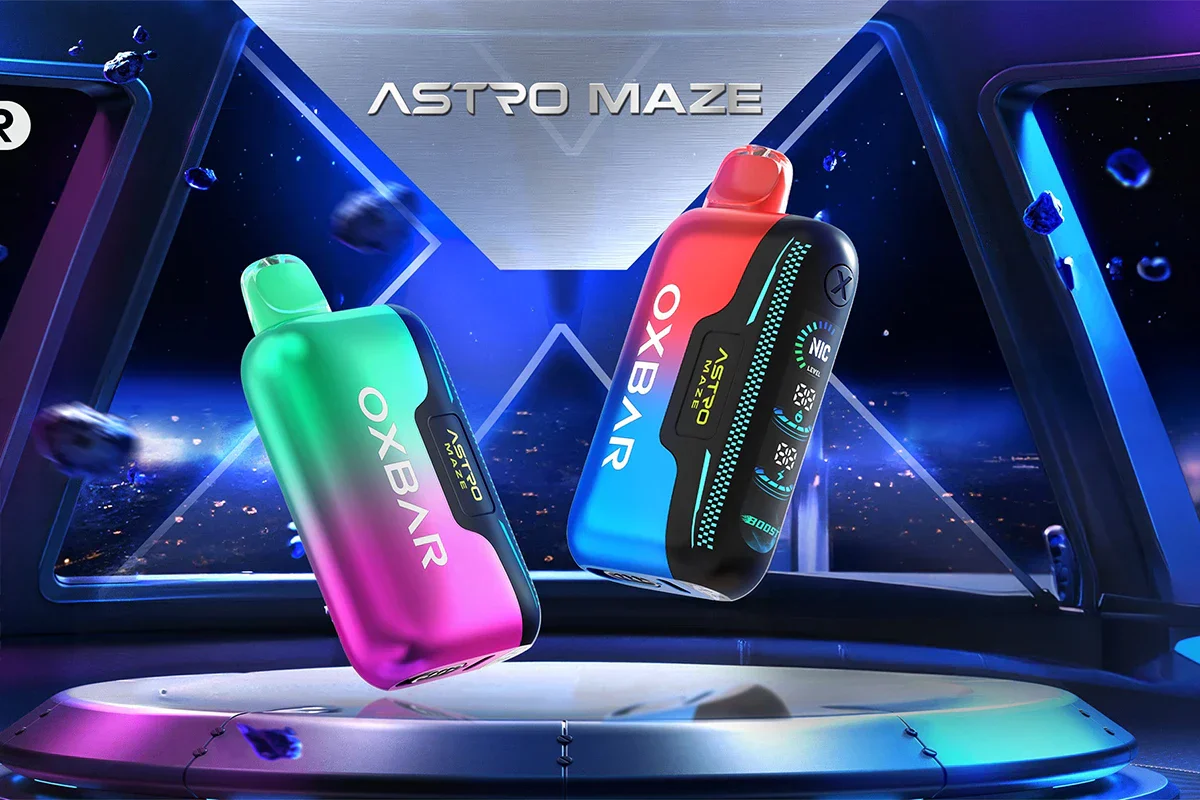Oxbar Astro Maze 50K disposable vapes floating in futuristic space chamber – featuring LED smart display, BOOST mode, and gradient designs in pink, green, blue and red with 50,000 puff capacity