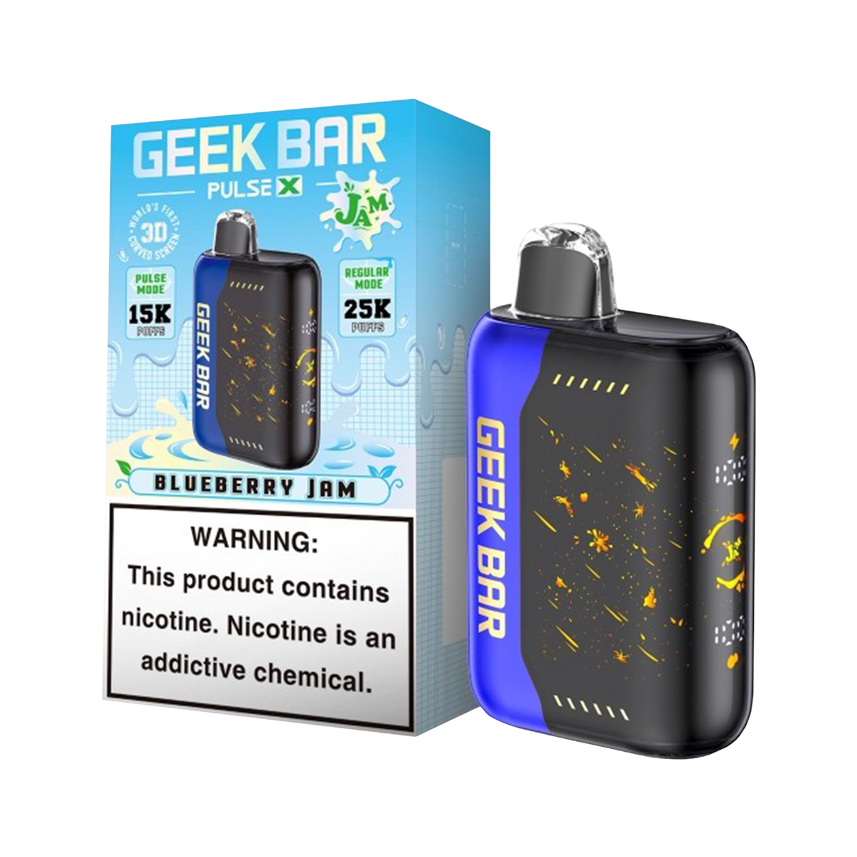 Blueberry Jam Geek Bar Pulse X Jam Edition delivers sweet berry preserve flavor in a smooth 25000 puff disposable vape.