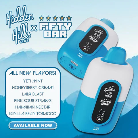 Hidden Hills x Fifty Bar 20K Vape | 20000 Puffs | 6 Flavors | USA-Made Vape Mania Hidden Hills x Fifty Bar 20K Vape | 20000 Puffs | 6 Flavors | USA-Made Vape Mania