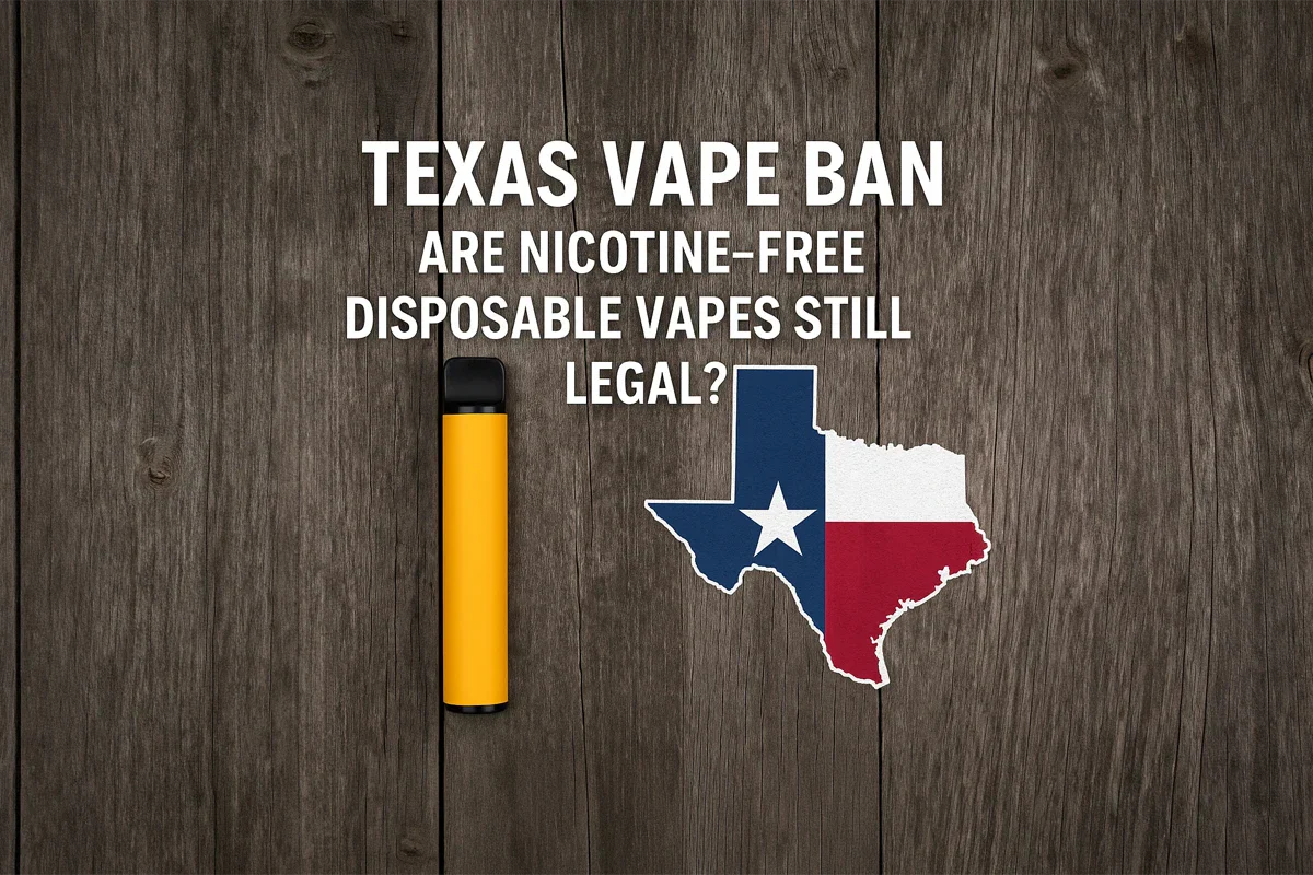 Texas vape laws 2025 visual showing banned disposable vapes, nicotine-free e-cigarette restrictions, and legal compliance symbols for adult vaping products.