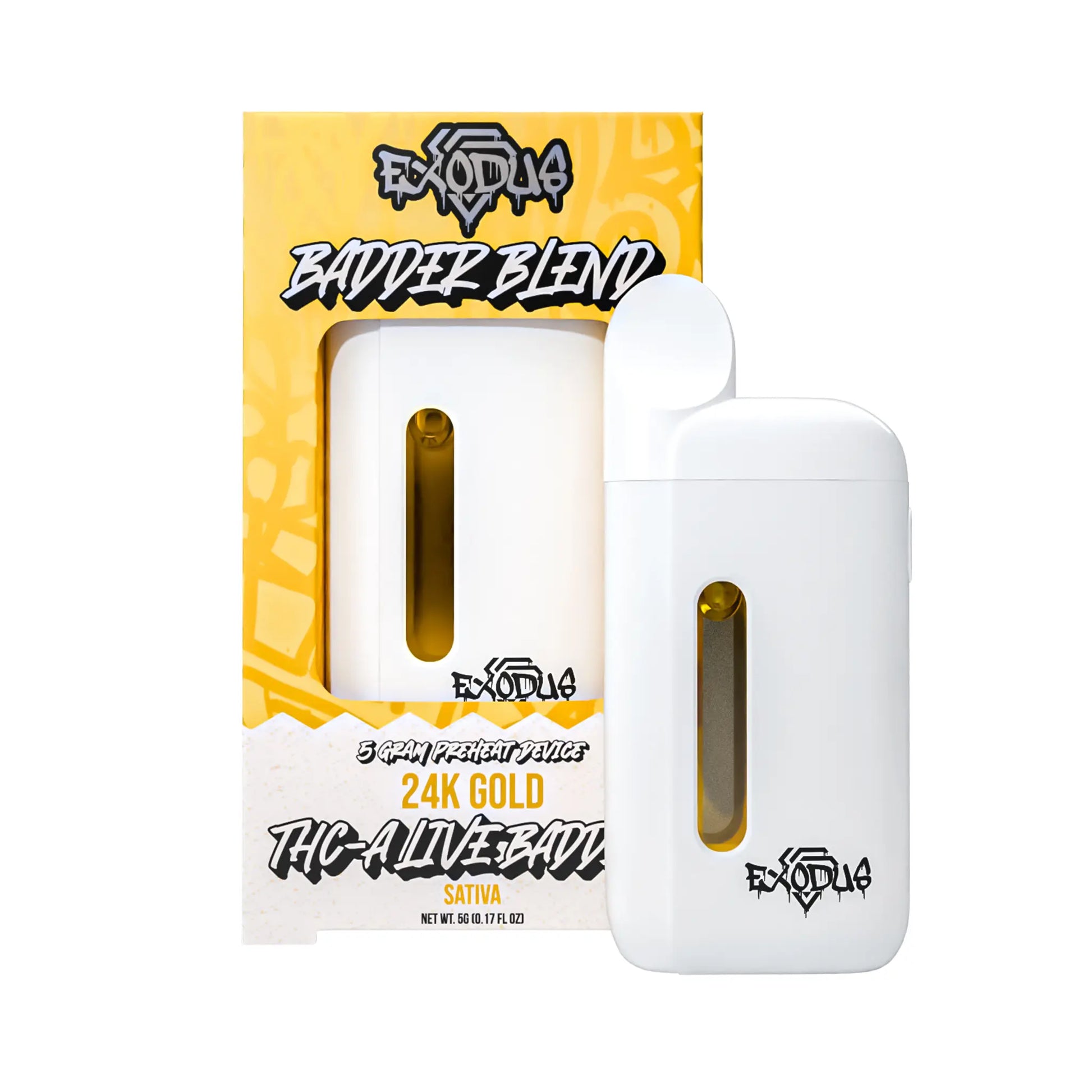 Exodus THC-A Badder Blend Disposables 5G 24K Gold Punch flavor, rich and indulgent exodus badder blend.