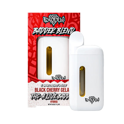 Exodus THC-A Badder Blend Disposables 5G Black Cherry Gelato flavor, smooth and fruity exodus thc-a disposable vape 5g.