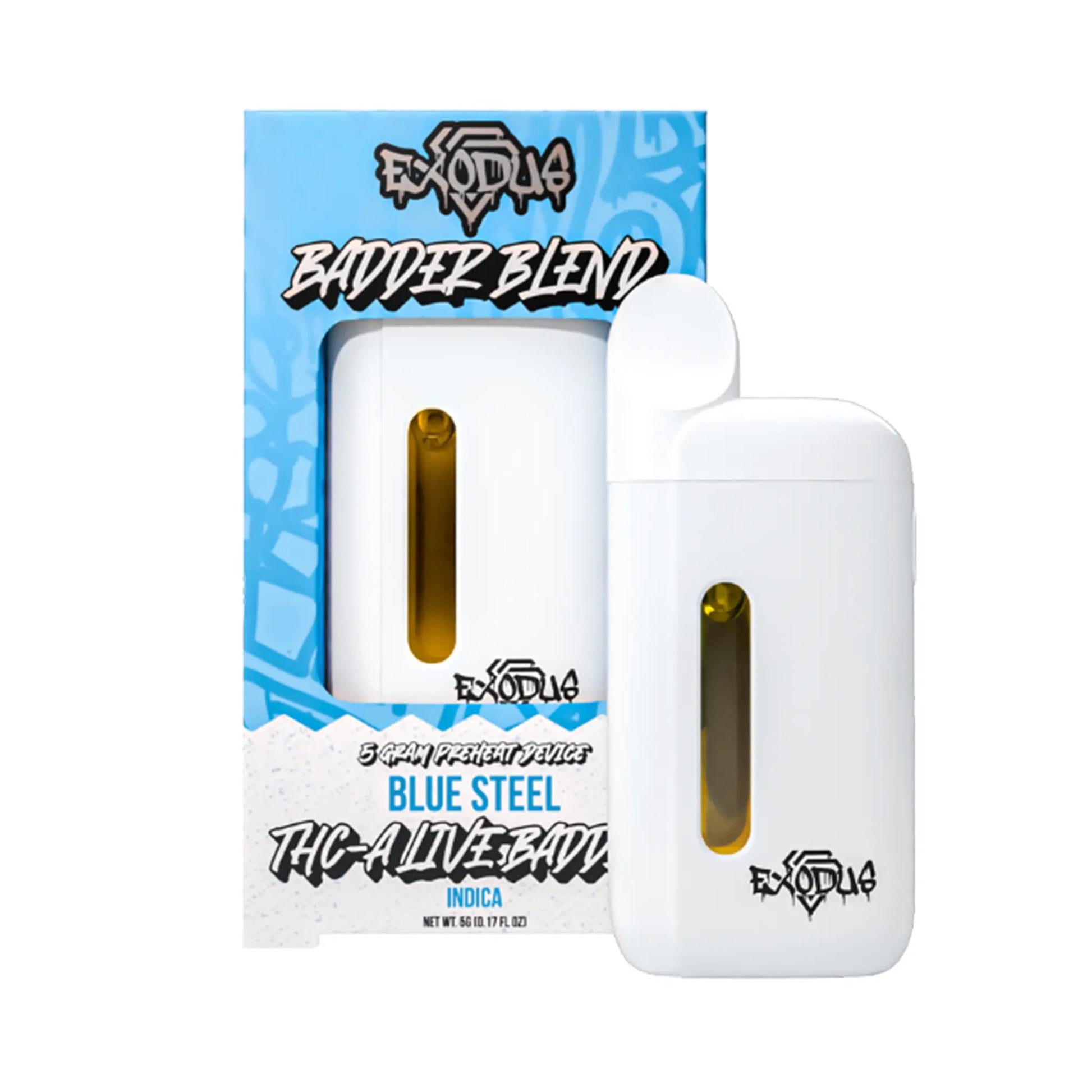 Exodus THC-A Badder Blend Disposables 5G Blue Steel flavor, bold and refreshing exodus badder blend.