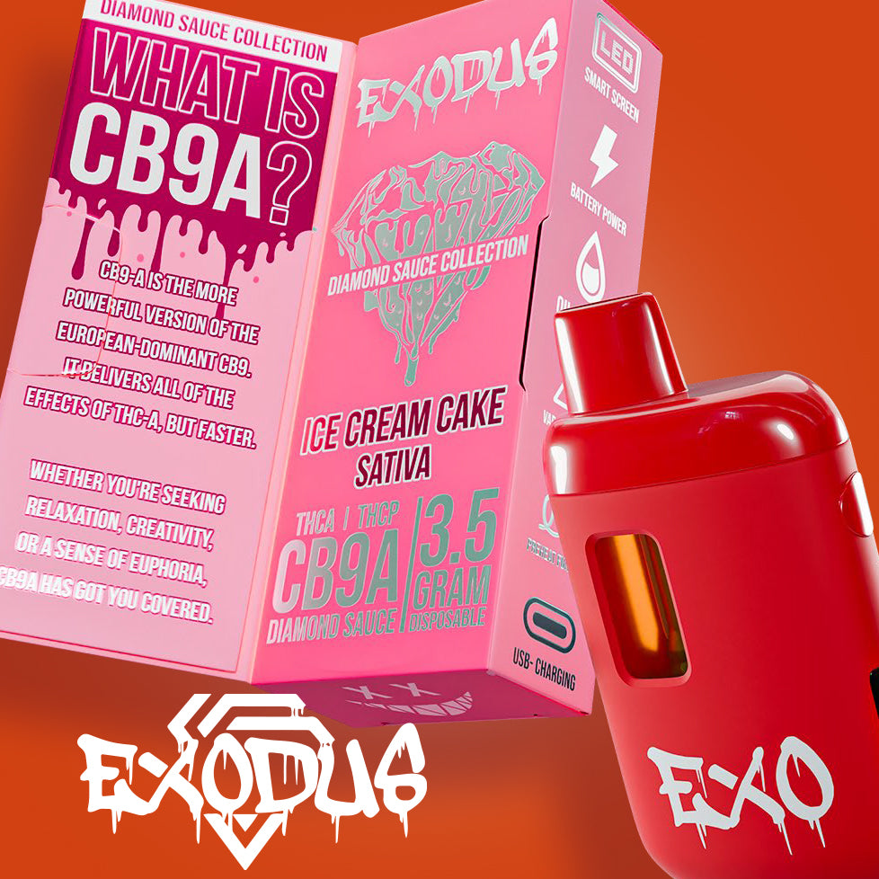 Exodus CB9A + THCA Disposable 3.5g with exodus diamond sauce, premium THC-A disposable experience.