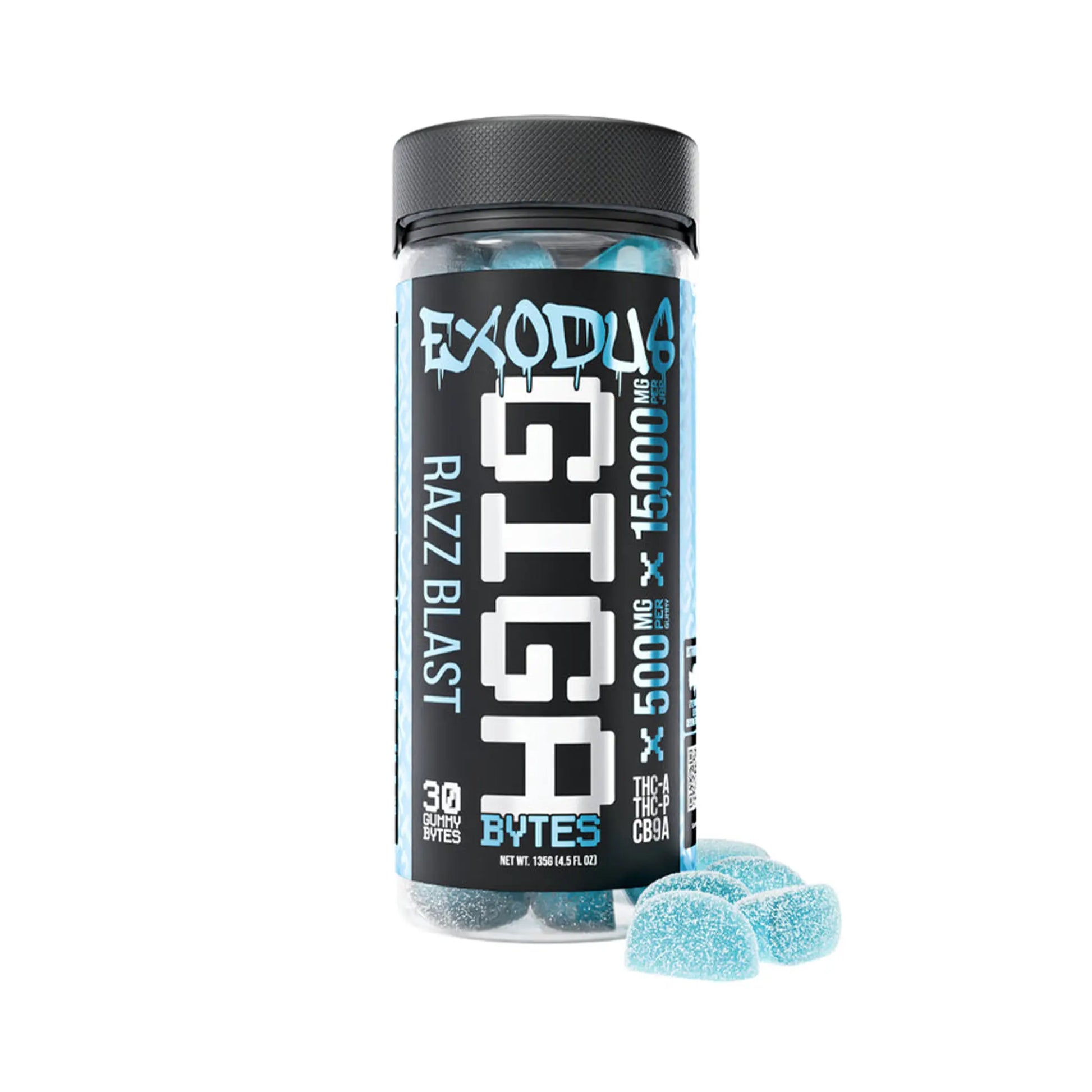 Exodus Thc-A + Thc-P + Cb9a Gigabytes Gummies 15,000mg Razz Blast flavor, tangy and vibrant exodus gigabyte gummies.