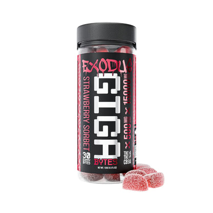 Exodus Thc-A + Thc-P + Cb9a Gigabytes Gummies 15,000mg Strawberry Sorbet flavor, smooth and sweet exodus gigabyte gummies.