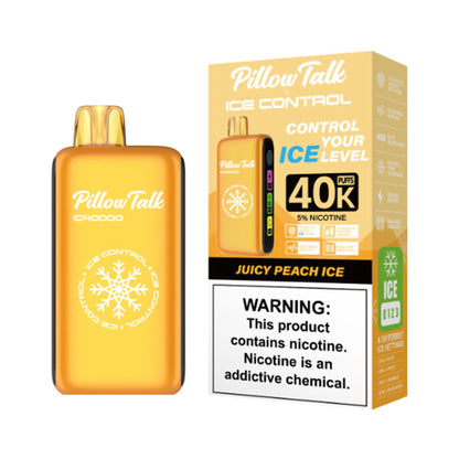 Pillow Talk Vape Juicy Peach Ice flavor, a delightful mix of sweet, ripe peaches with a refreshing icy finish, creating a perfect summer vape experience for enthusiasts.