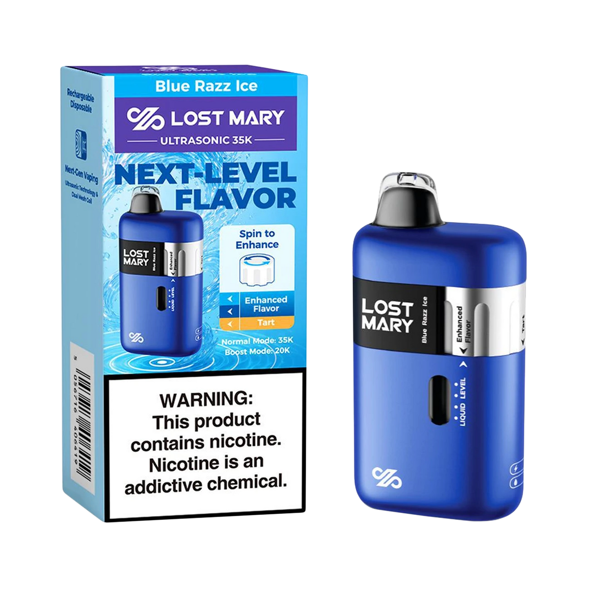 Lost Mary Ultrasonic 35k Disposable - Blue Razz Ice - blue raspberry and menthol flavor