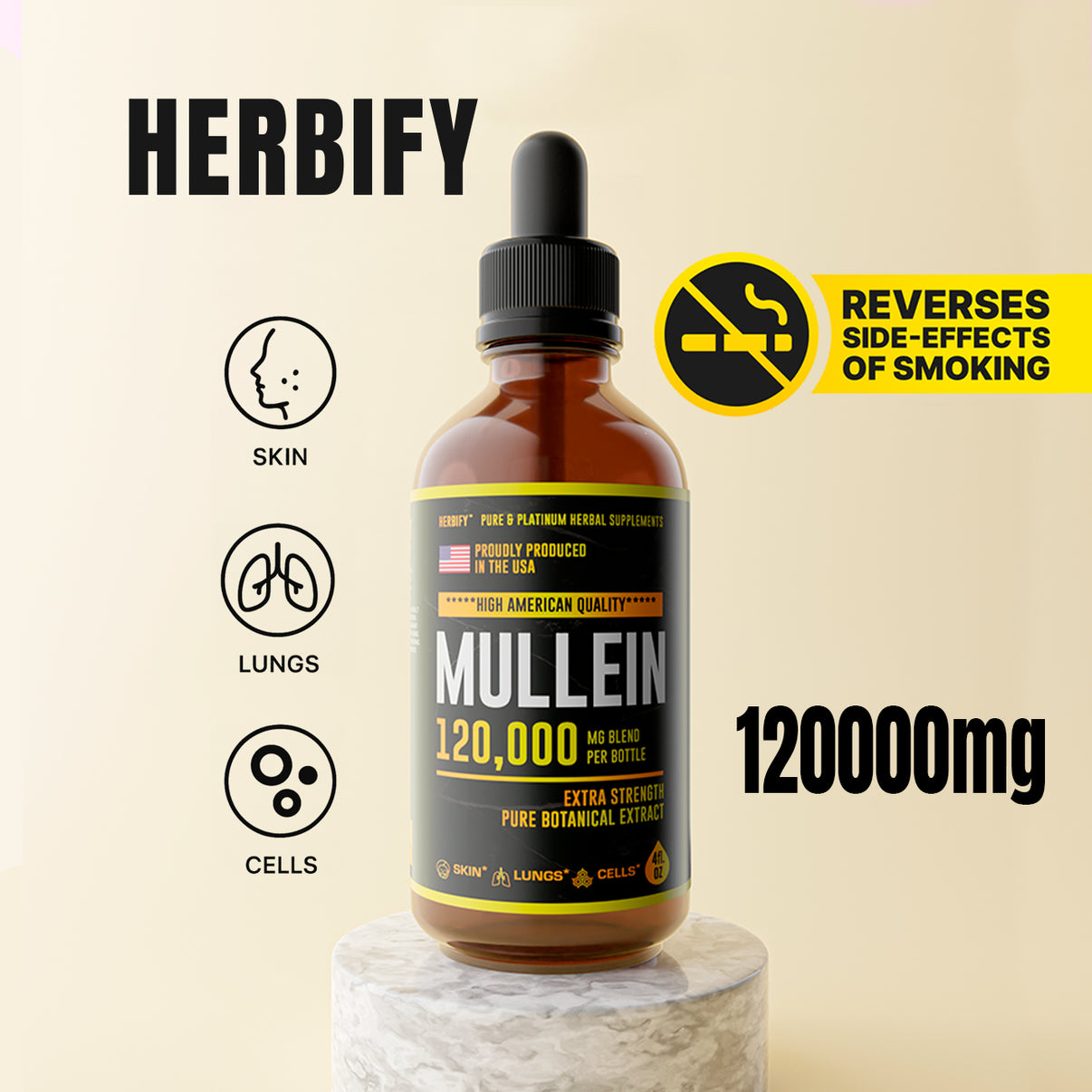 Herbify Organic Mullein Extract Lung Cleanse – 120000mg bottle with respiratory, skin, and cell support benefits