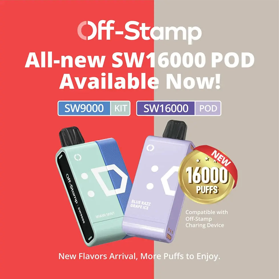 Off-Stamp SW16000 POD vape device advertisement showcasing new flavors and 16,000 puffs, compatible with Off-Stamp charging device.