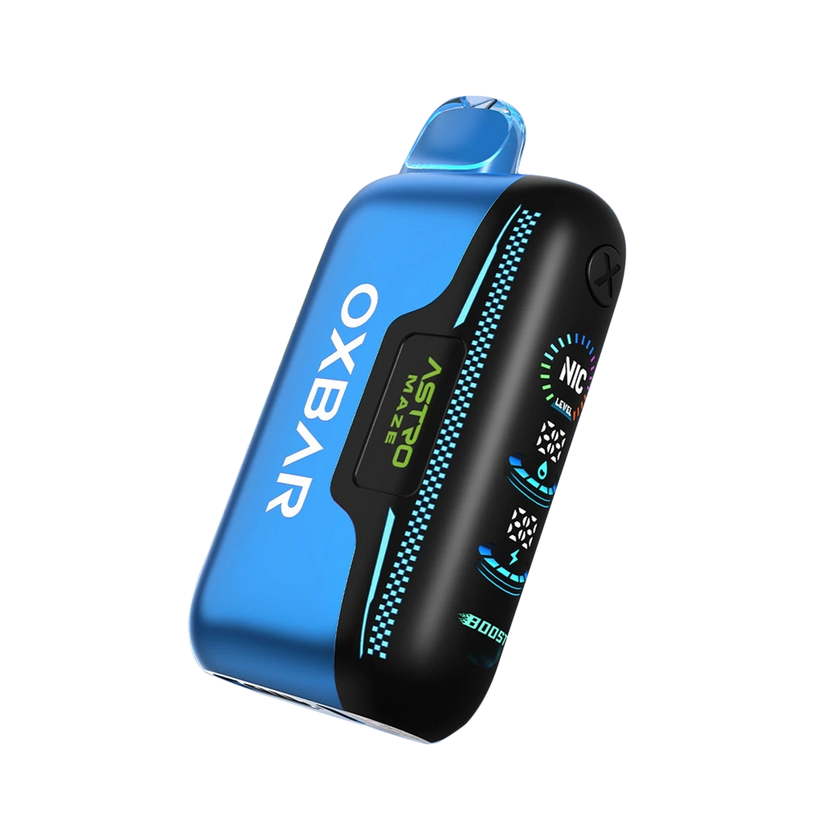 Oxbar Astro Maze 50K Blue Razzle Astro Pop vape – disposable device with 50K puffs, dual mesh coils, 3D smart screen, USB-C charging and adjustable nicotine settings