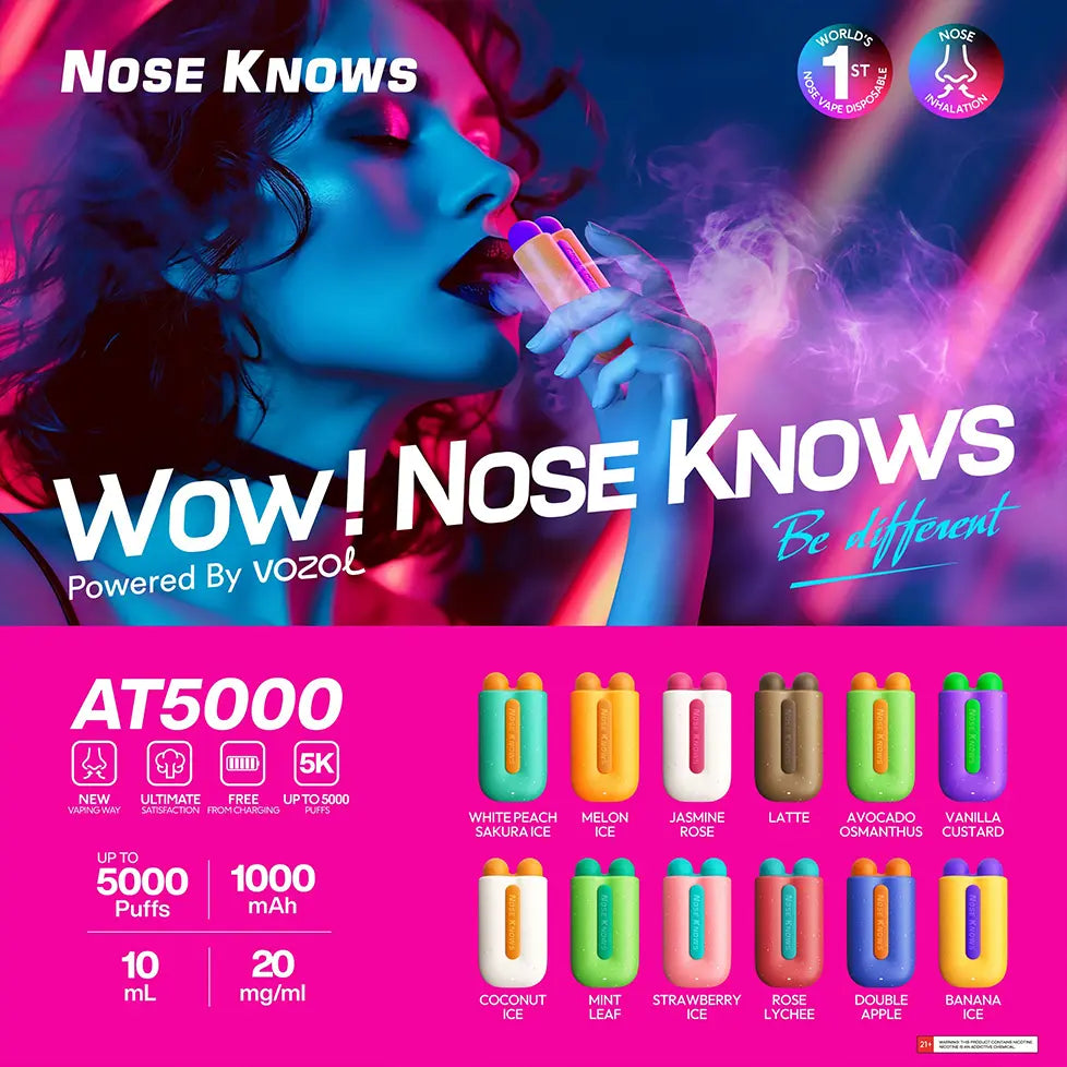 Vozol Nose Knows AT5000 5K disposable vape with nasal inhalation, 5000 puffs, 1000mAh, and flavors like White Peach Sakura Ice.