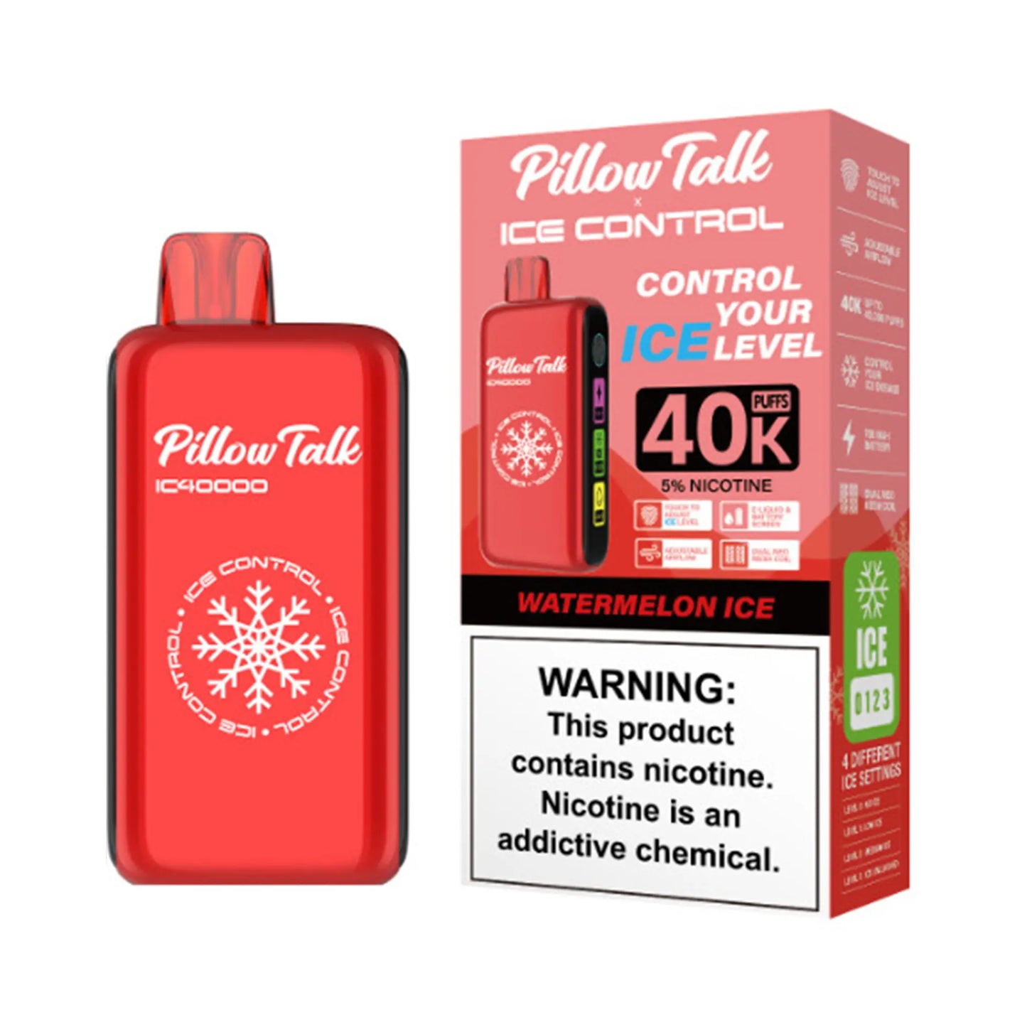 Pillow Talk Vape Watermelon Ice flavor, a refreshing combination of sweet watermelon with an icy finish, providing a cool and enjoyable vaping experience."